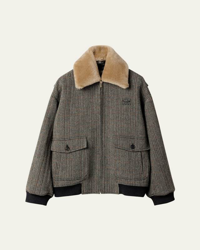 Shearling-Collar Wool Tweed Bomber Jacket